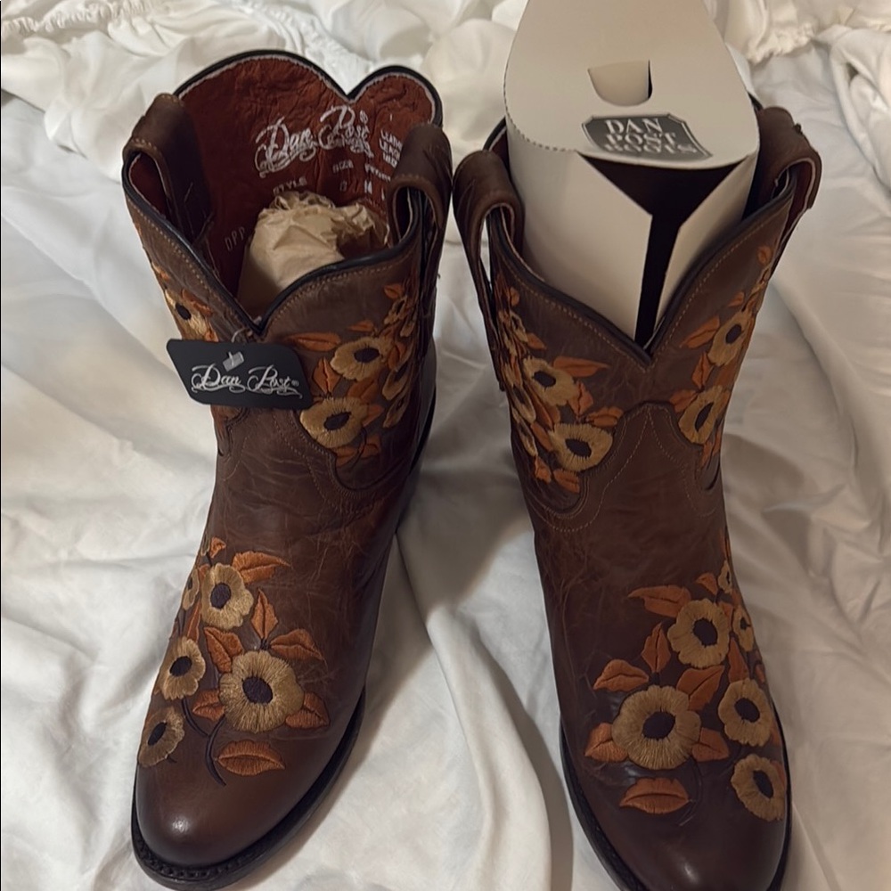 Dan Post Brown Ankle Boots with Floral Stitching